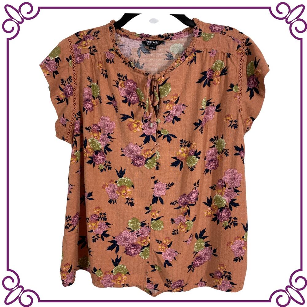 Buffalo David Bitton Flutter Short Sleeve Floral Blouse Size Large